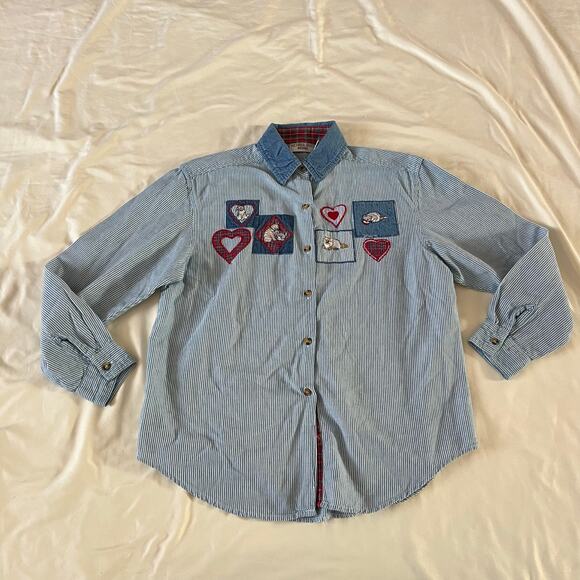 Tops - Vtg Striped Denim Shirt Cat & Heart Patch Wmns PM Cottagecore Y2K 2000s